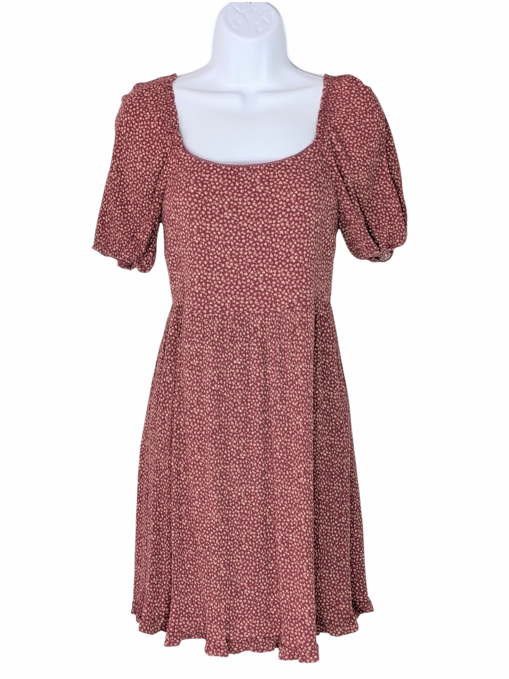 Puff Sleeve Square Neck Midi Dress in Dusty Rose With Cream Floral Pattern